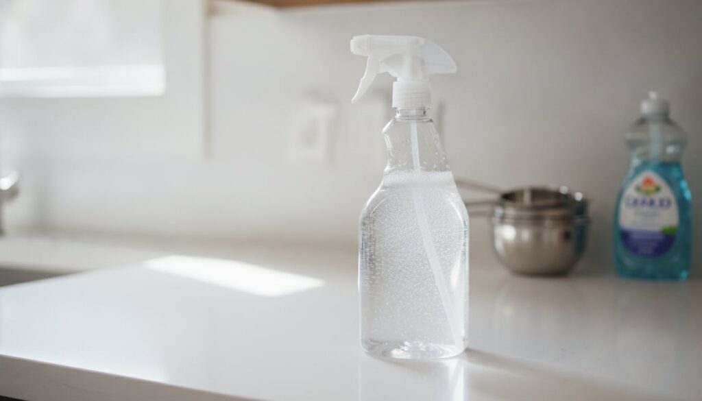 A clear spray bottle filled with a homemade cleaning solution possibly with some suds on a kitchen counter Measuring cup