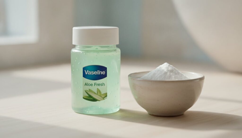 Close-up of a jar of Vaseline Aloe Fresh next to a small bowl of baking soda highlighting the two main ingredients