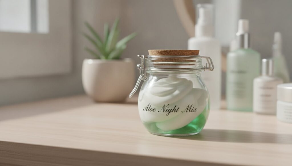 A small clean airtight container with the freshly mixed Aloe Night Mix inside ready for use