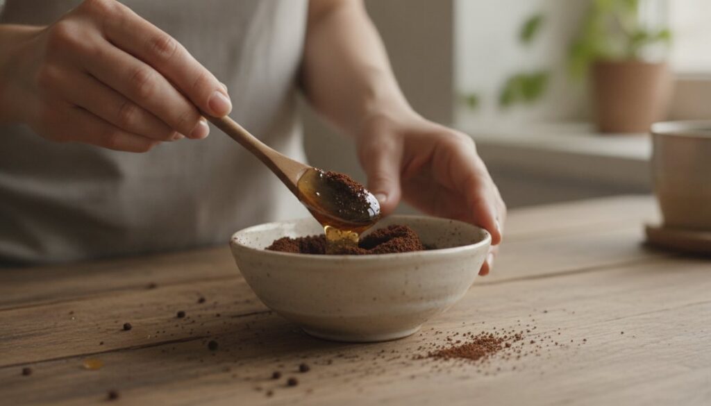 Hands mixing coffee grounds and honey in a small bowl to create a face mask