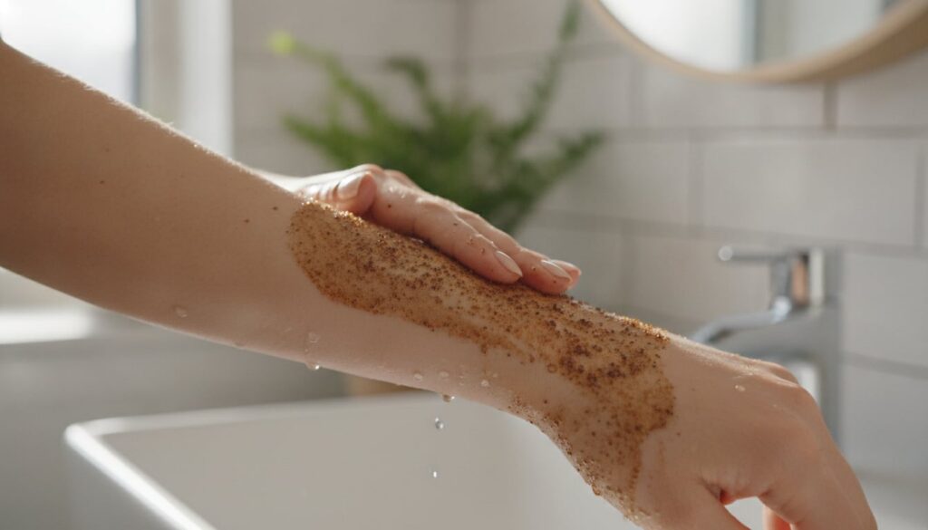 A woman applying a coffee grounds and oil scrub to her arm showcasing gentle exfoliation