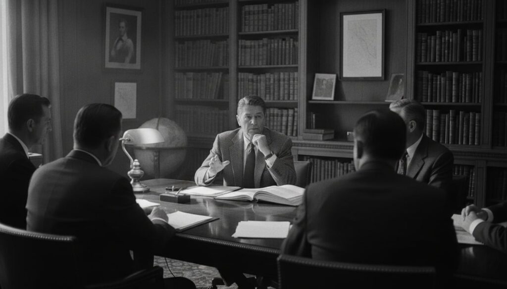 Ronald Reagan as Screen Actors Guild president looking serious and engaged in a meeting setting