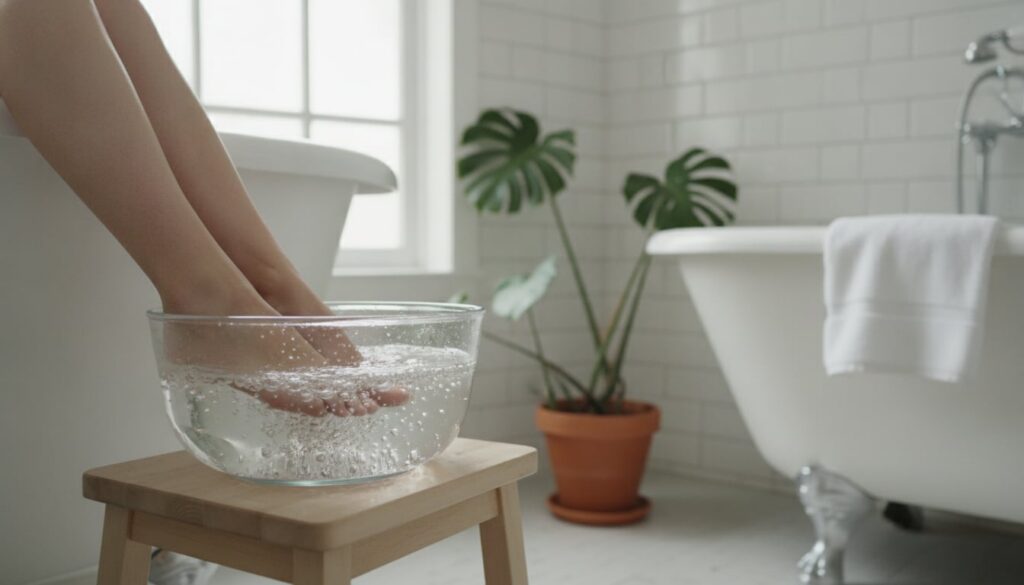 A person s feet soaking in a basin of warm water with a subtle fizz from baking soda