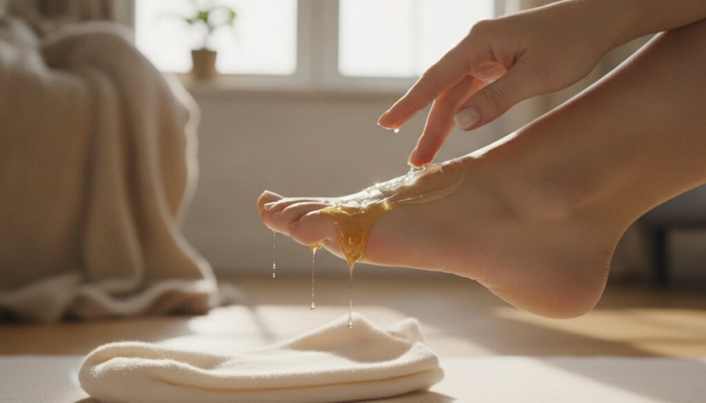 A hand applying a layer of honey followed by petroleum jelly to a dry heel before putting on cotton socks