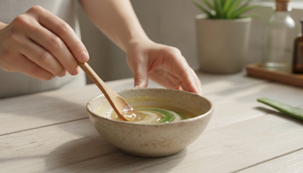 A woman preparing a DIY onion paste in a small bowl showing the ingredients mixed together