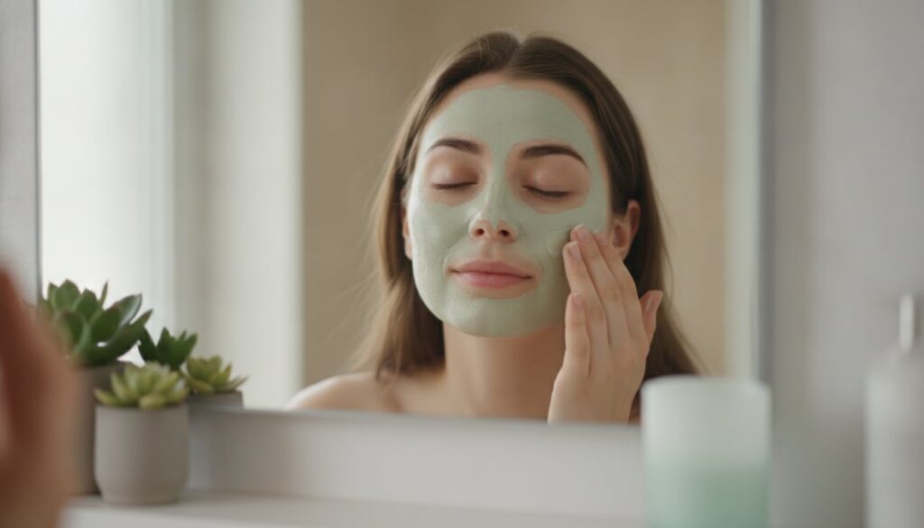 A woman gently applying a green face mask to her clean skin focusing on an area of her cheek in a well-lit bathroom sett
