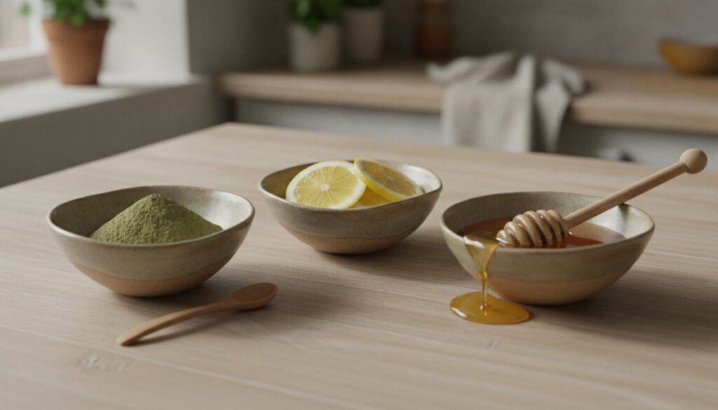 Individual small bowls containing green clay powder sliced lemons and a spoonful of honey arranged neatly on a wooden su