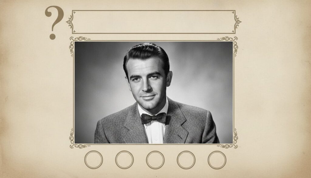 A black and white portrait of a classic Hollywood actor resembling Sean Connery in a multiple-choice quiz format