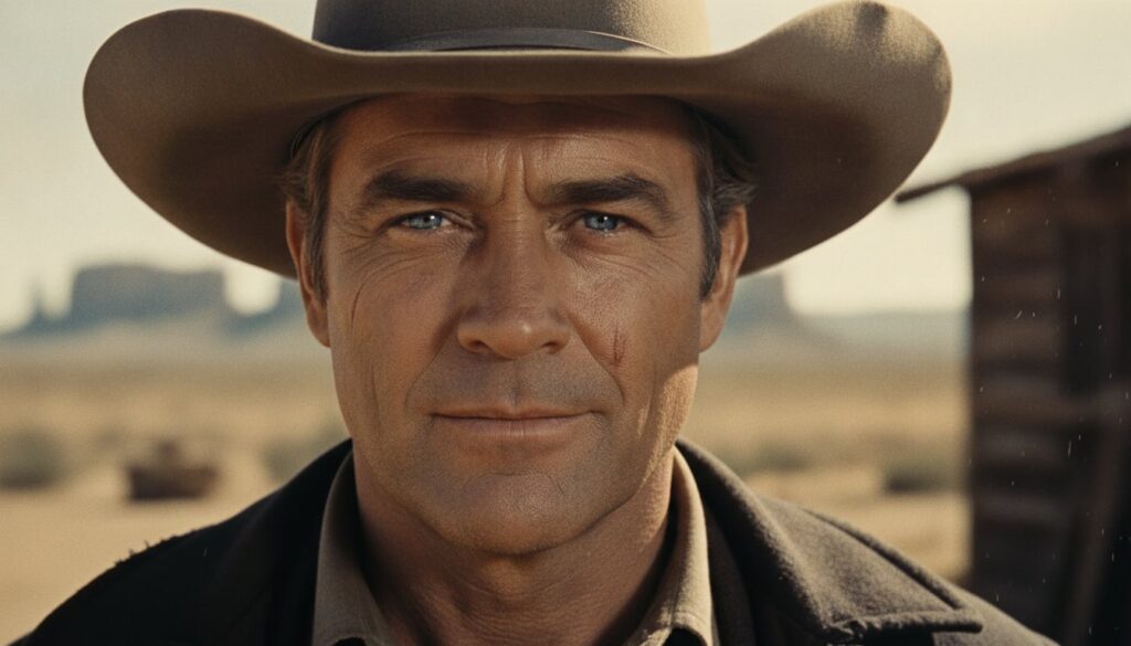 A menacing close-up of Henry Fonda as Frank from Once Upon a Time in the West featuring his blue eyes under a cowboy hat