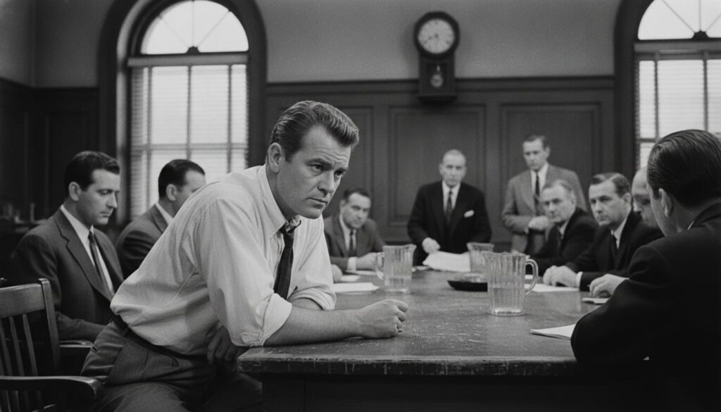 A black and white still of Henry Fonda in character from 12 Angry Men looking thoughtful and determined in a jury room s