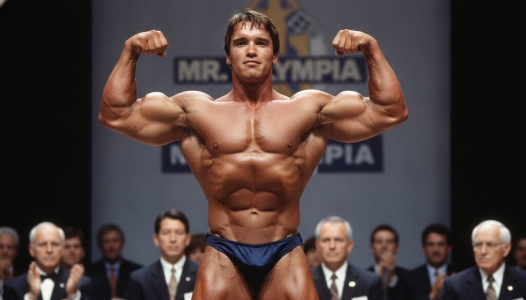 Young Arnold Schwarzenegger posing as Mr Olympia showcasing his muscular physique on stage