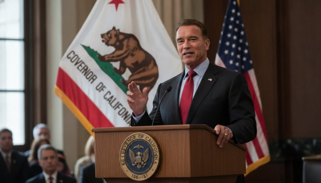 Arnold Schwarzenegger delivering a speech as the Governor of California in a formal setting