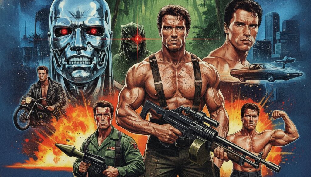 A dynamic collage of iconic movie posters featuring Arnold Schwarzenegger from films like The Terminator Predator and Co