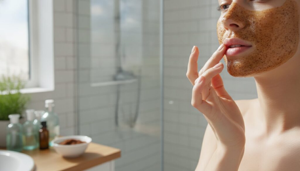 A person gently applying a coffee and baby oil face mask to their clean face