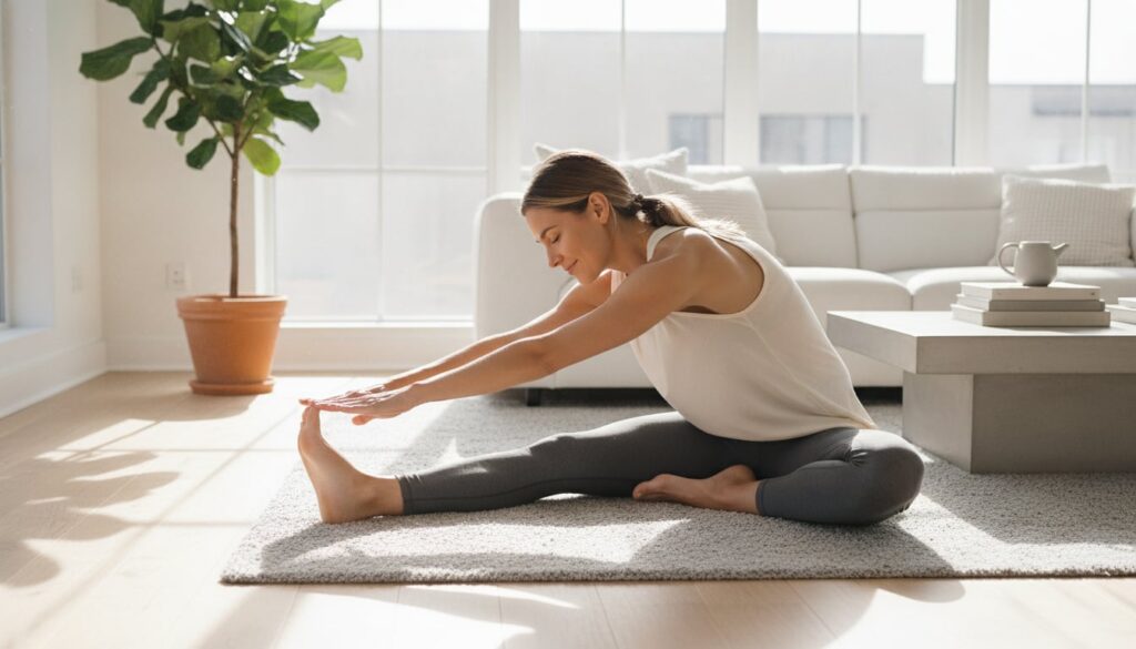 A person in athletic wear stretching or performing a cool-down exercise in a brightly lit living room