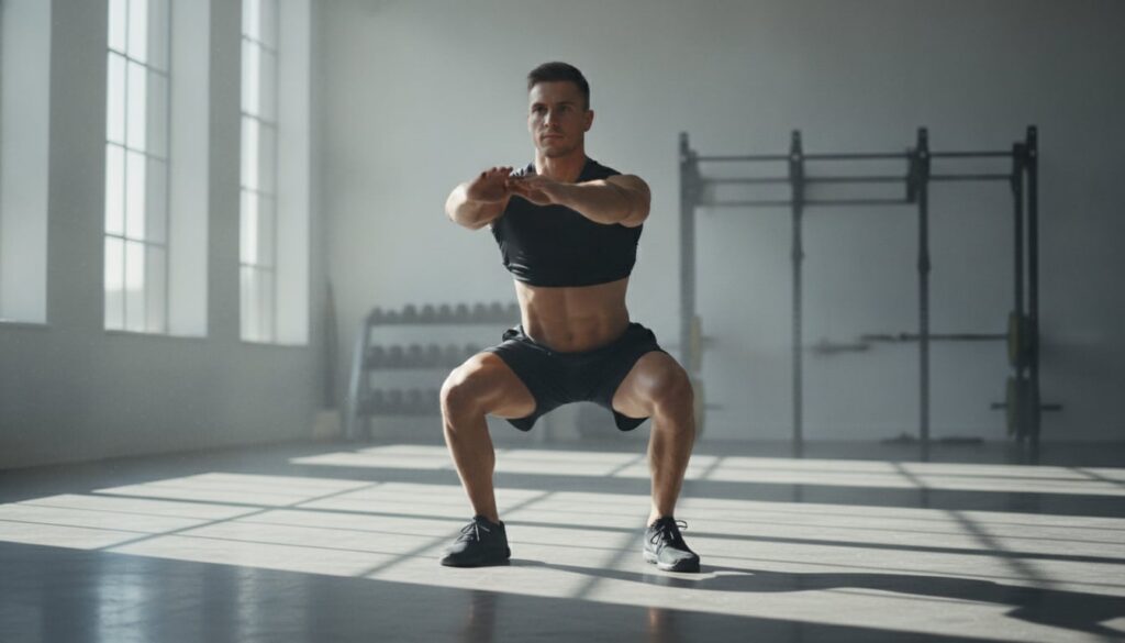 A person performing a bodyweight squat in a bright modern gym setting