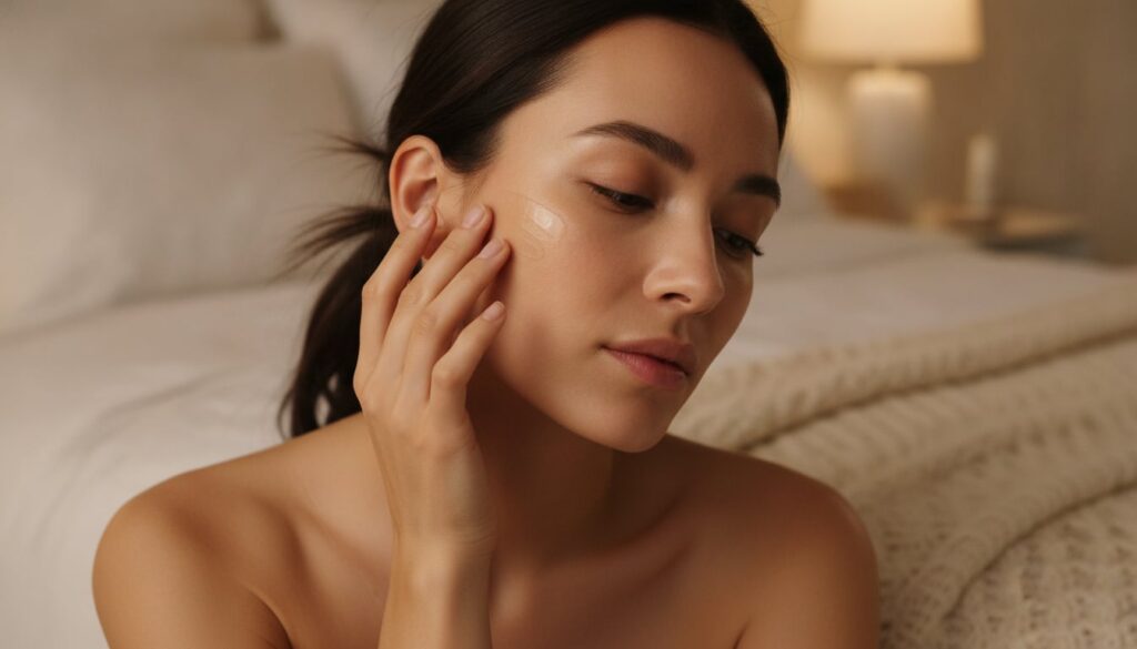 A woman gently applying a small amount of the Vaseline and baby oil mixture to her face before bed