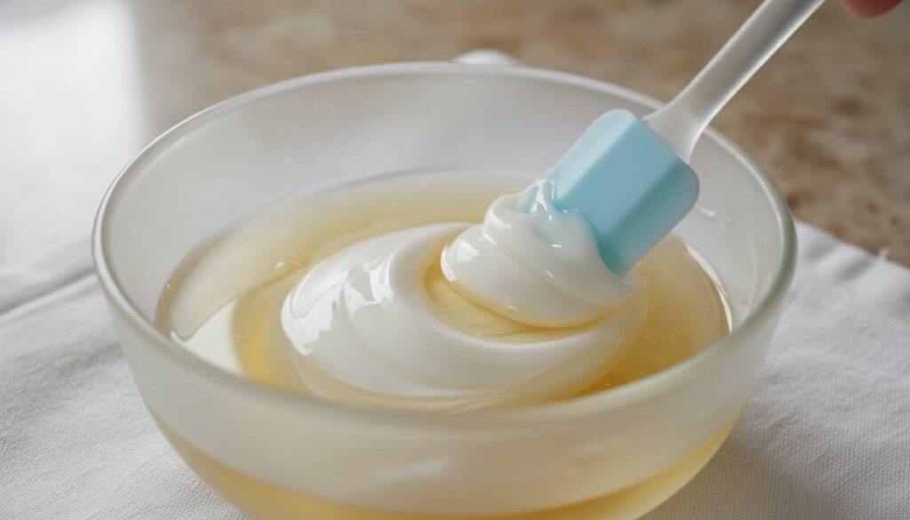 A close-up of a small clean bowl with Vaseline and baby oil being mixed with a small spatula to create a smooth balm