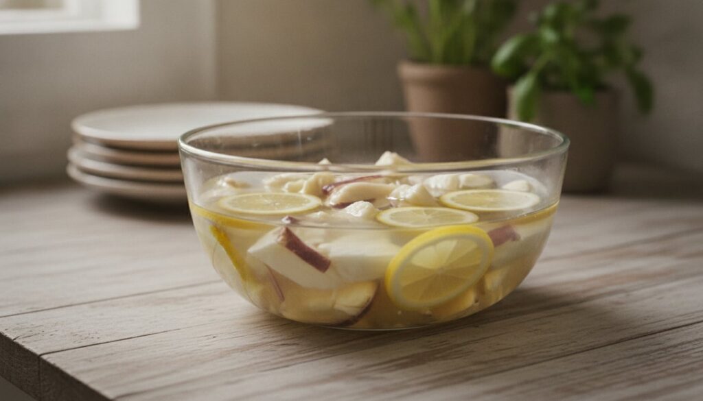 Chopped banana blossom pieces soaking in a bowl of water with lemon juice ready for the next preparation step