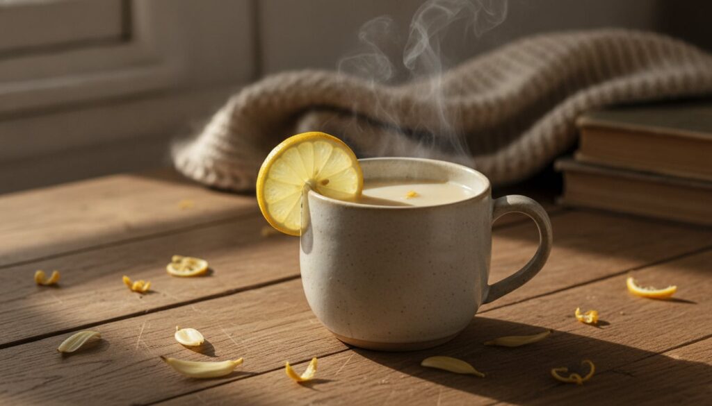 A soothing mug of banana blossom decoction garnished with a slice of lemon or ginger on a wooden table