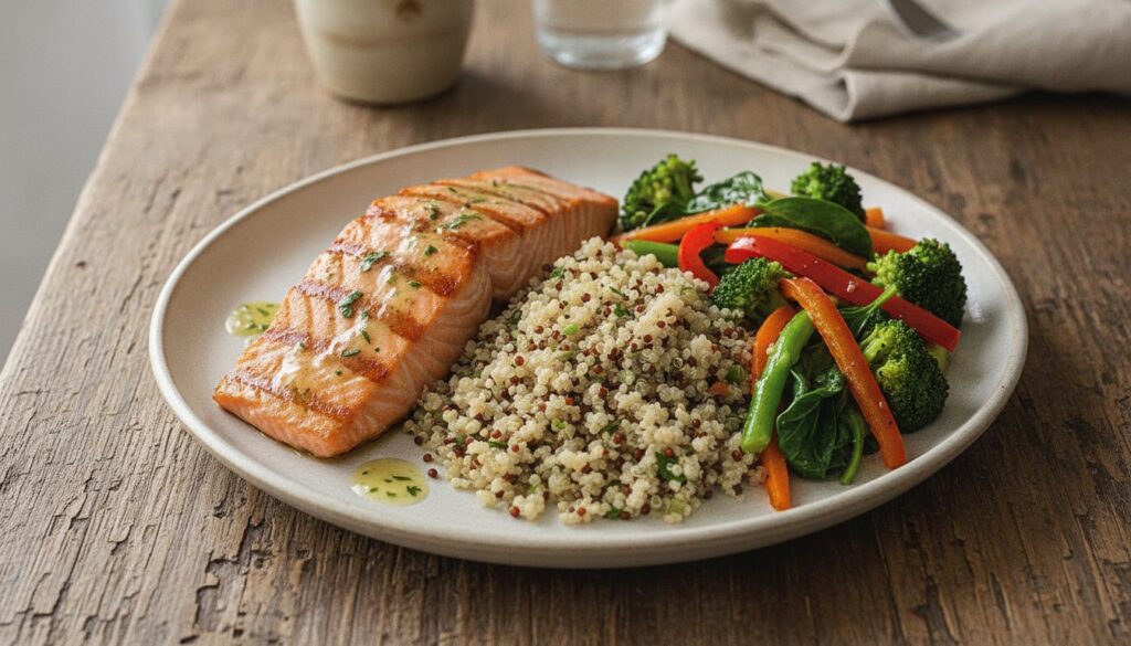 A balanced meal plate showing a mix of whole grains lean protein and plenty of colorful vegetables symbolizing healthy e