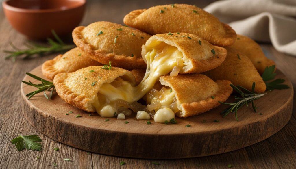 Crispy fried empanadas with a rich golden brown crust filled with a creamy cheesy potato and onion mixture served hot on