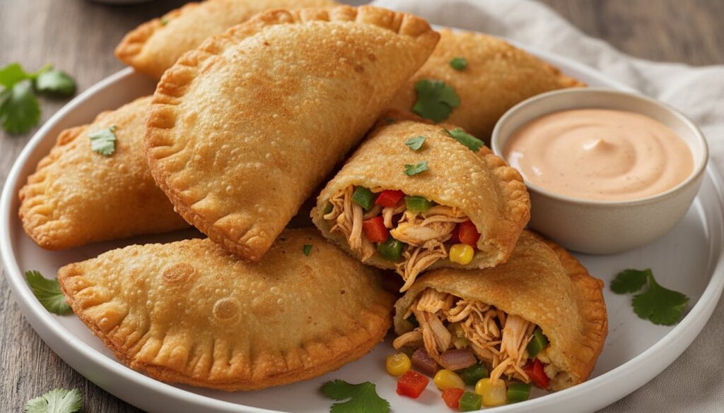 A serving of golden fried empanadas filled with spicy chicken and mixed vegetables presented on a white plate with a sid