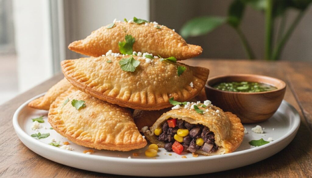 A stack of golden fried vegetarian empanadas filled with black beans and corn garnished with a sprinkle of cheese and ci