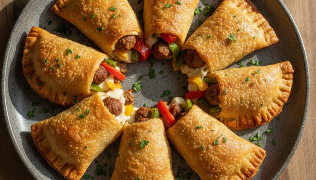 A plate of crispy golden fried empanadas filled with seasoned sausage colorful bell peppers and melted cheese with a vib