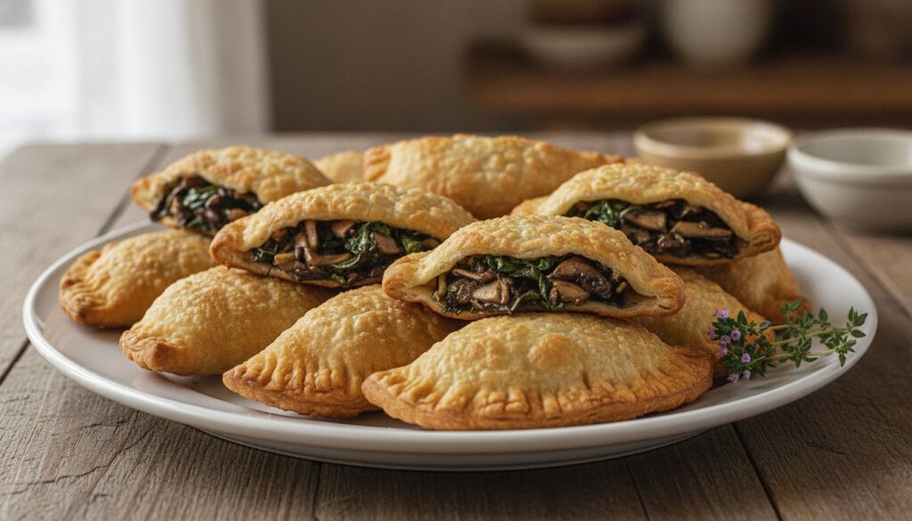 Golden fried vegetarian empanadas with a visible mushroom and Swiss chard filling elegantly arranged on a serving platte