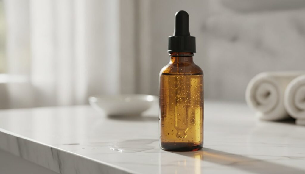 Close-up of a dropper bottle of facial oil on a bathroom counter with soft diffused light highlighting the golden oil