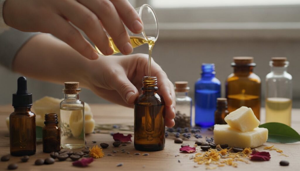 Close-up of hands pouring various oils into a small dark glass dropper bottle with ingredient bottles around it on a nat