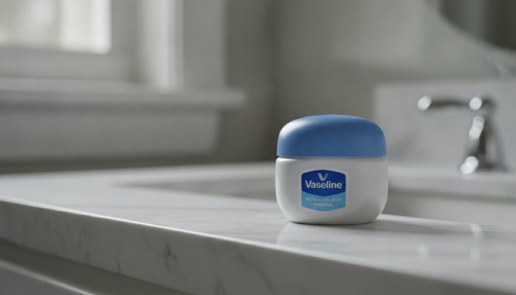 A small iconic blue and white jar of Vaseline petroleum jelly on a clean bright bathroom counter with soft natural light