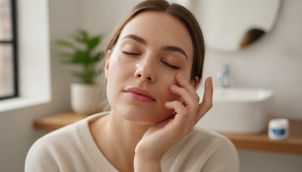 A woman gently applying a thin layer of Vaseline to her face focusing on the area around her eyes or forehead with a sof