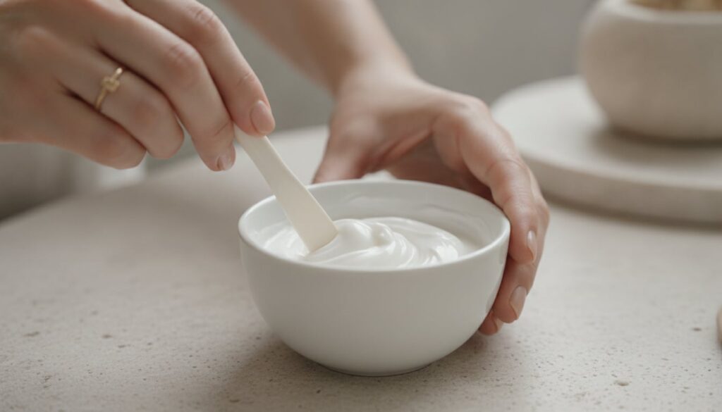 A close-up of hands mixing Vaseline and baby oil in a small dish with a miniature spatula
