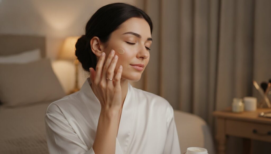 A woman gently applying the Vaseline and baby oil mixture to her face at night with a soft warm glow around her