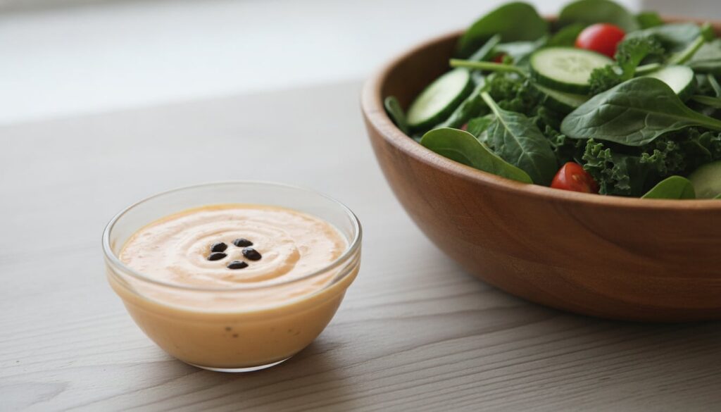 A small bowl of homemade papaya seed vinaigrette next to a fresh salad with some whole papaya seeds visible nearby