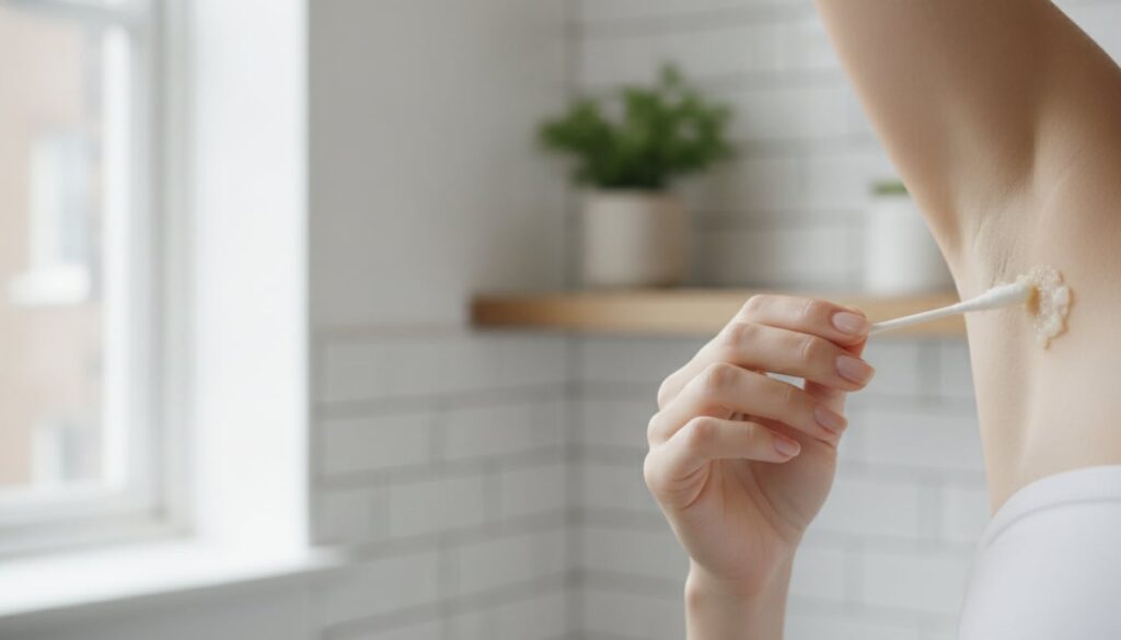 A person gently applying a small amount of onion paste to their underarm with a cotton swab
