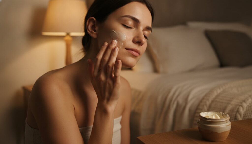 A woman gently applying a small amount of the homemade night cream to her face before bed Her skin looks clean and relax