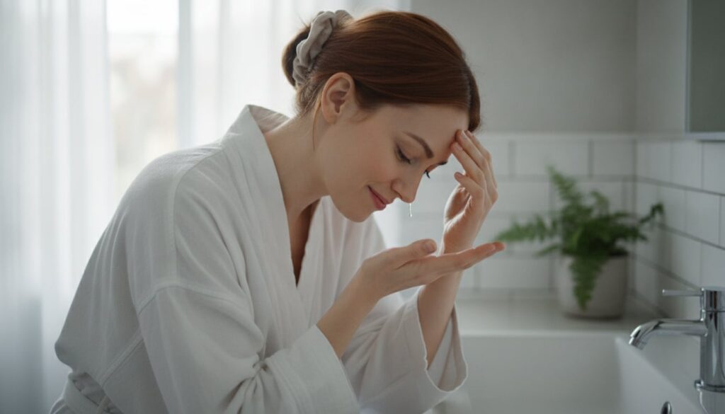 A woman gently massaging onion water into her scalp with her fingertips her hair tied back The scene is in a well-lit ba
