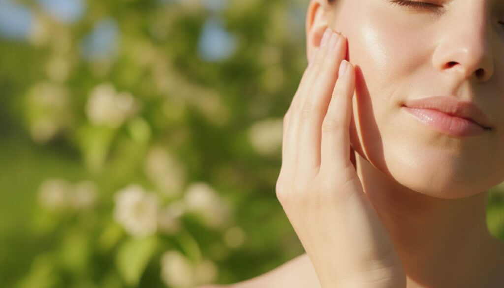 A woman s hand gently touching her cheek showing smooth hydrated skin with a blurred outdoor background emphasizing skin