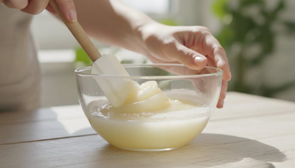 Hands mixing Vaseline and lemon juice in a small bowl with a spatula to create a smooth paste
