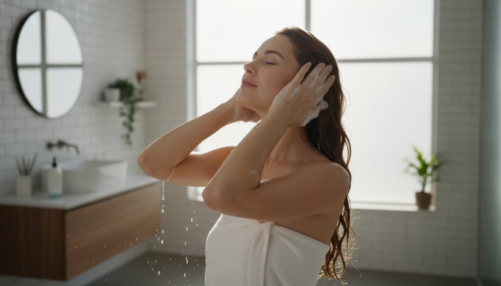 A woman gently massaging her scalp and hair with a liquid likely the onion rinse in a bathroom setting Her hair looks cl