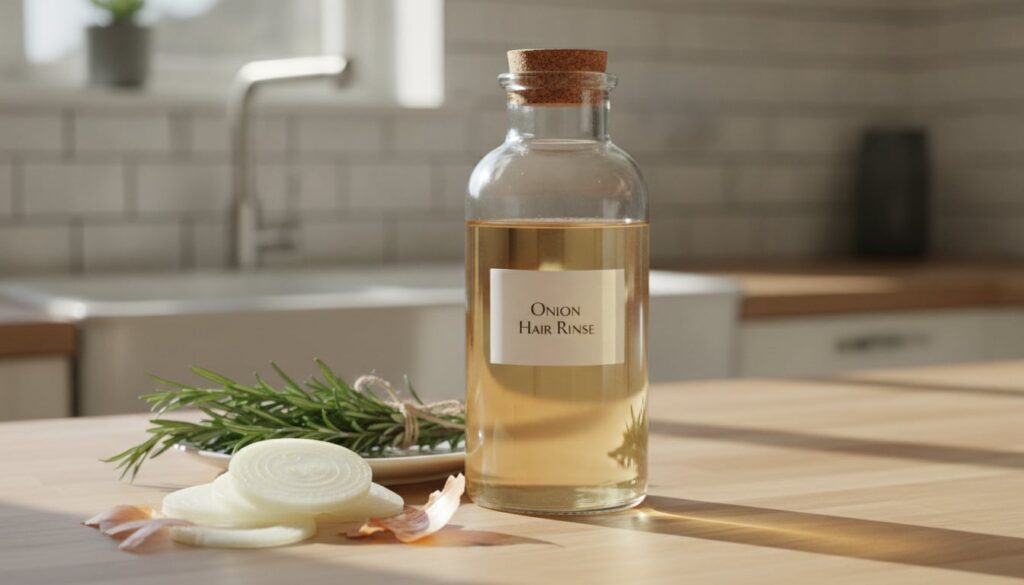 A clear glass bottle filled with a light amber liquid onion rinse next to chopped onions and a small bundle of rosemary