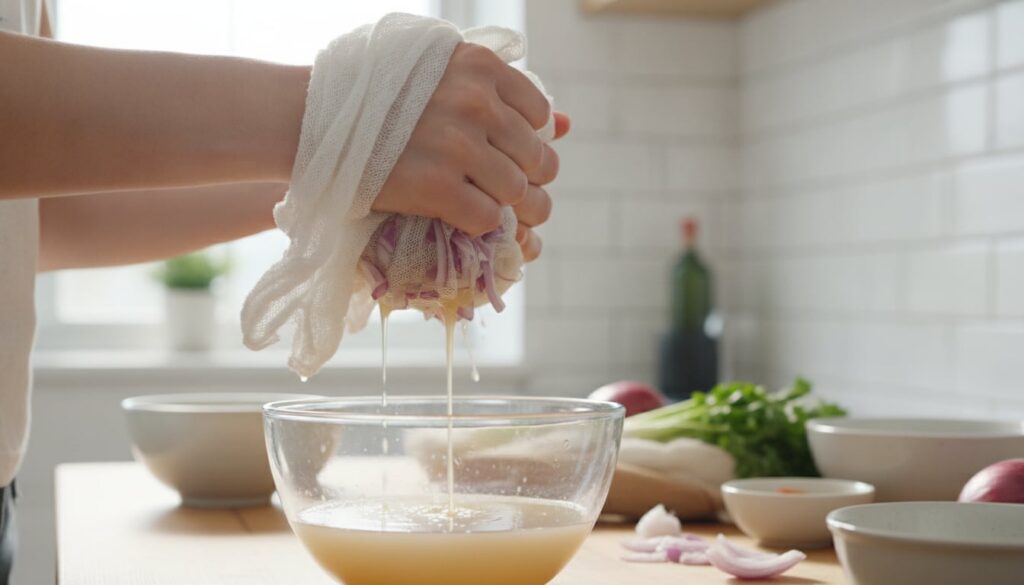 A person s hands squeezing onion juice through a cheesecloth into a bowl showing the preparation step of the hair remedy