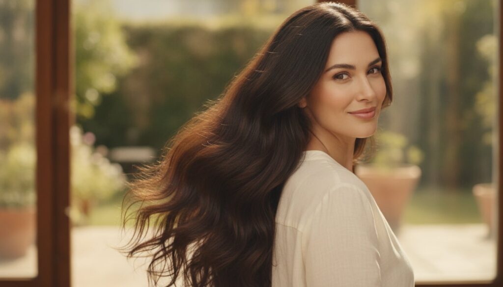 A woman with shiny healthy-looking hair possibly after using a natural hair remedy with a radiant smile