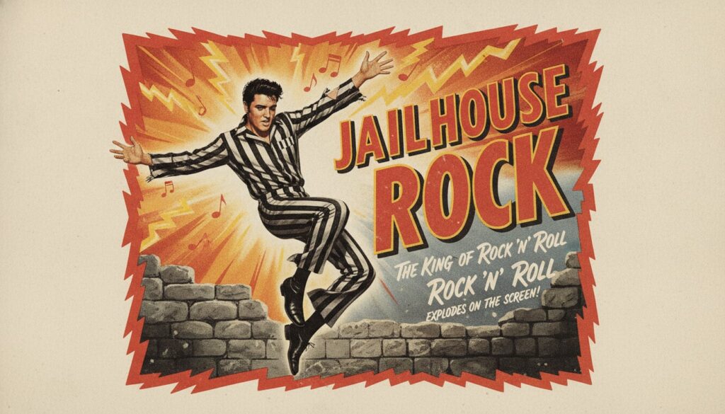 A vintage movie poster for Elvis Presley s film Jailhouse Rock featuring a dynamic image of him in character