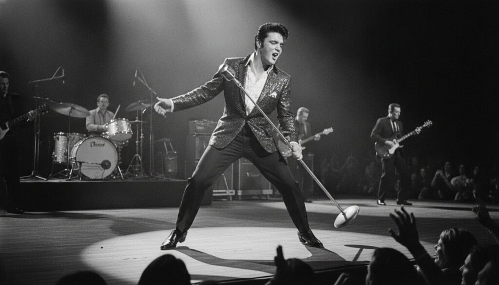 A black and white photograph of Elvis Presley performing on stage in the 1950s holding a microphone and moving energetic