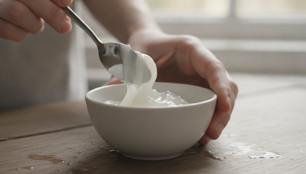Hands mixing Vaseline and clear aloe vera gel in a small ceramic bowl with a spoon creating a smooth white translucent m