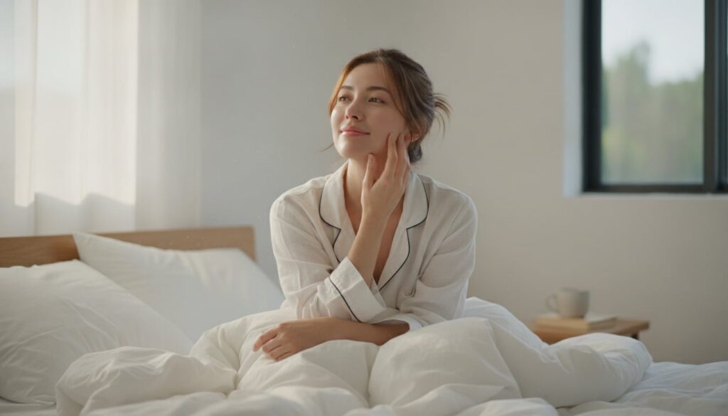 A woman waking up in bed looking refreshed with smooth radiant skin gently touching her cheek bathed in soft morning lig